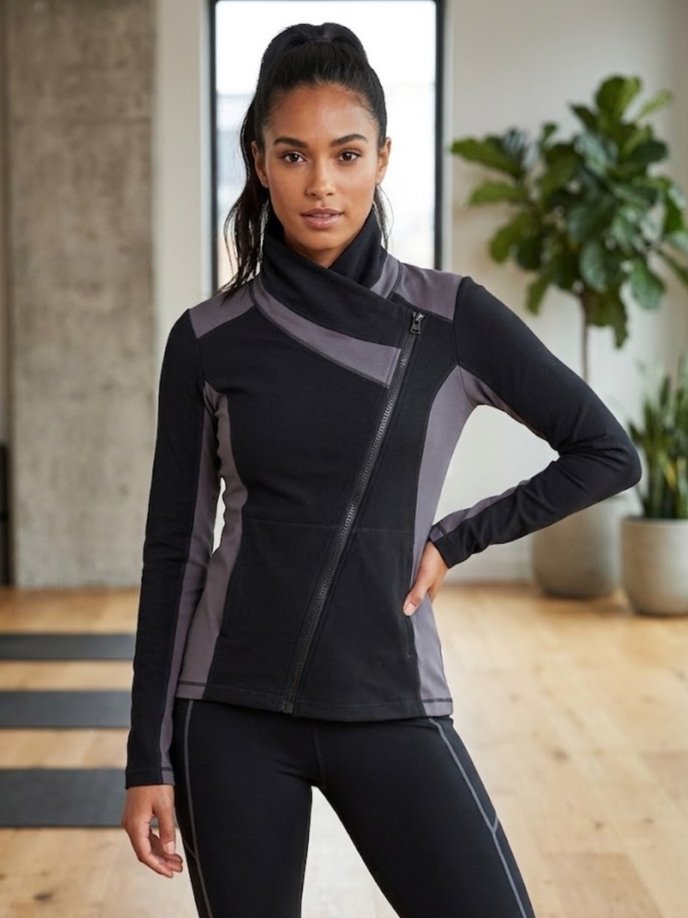 Cabi Women's Black & Gray Asymmetrical Zip Utility Jacket